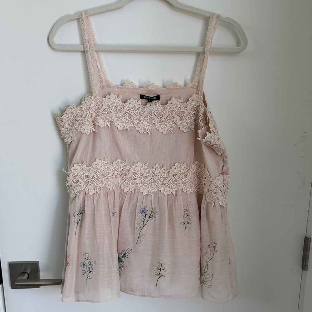 Love Sam Blush Pink Lace-Trim Embroidered Camisole Top, Sz L
